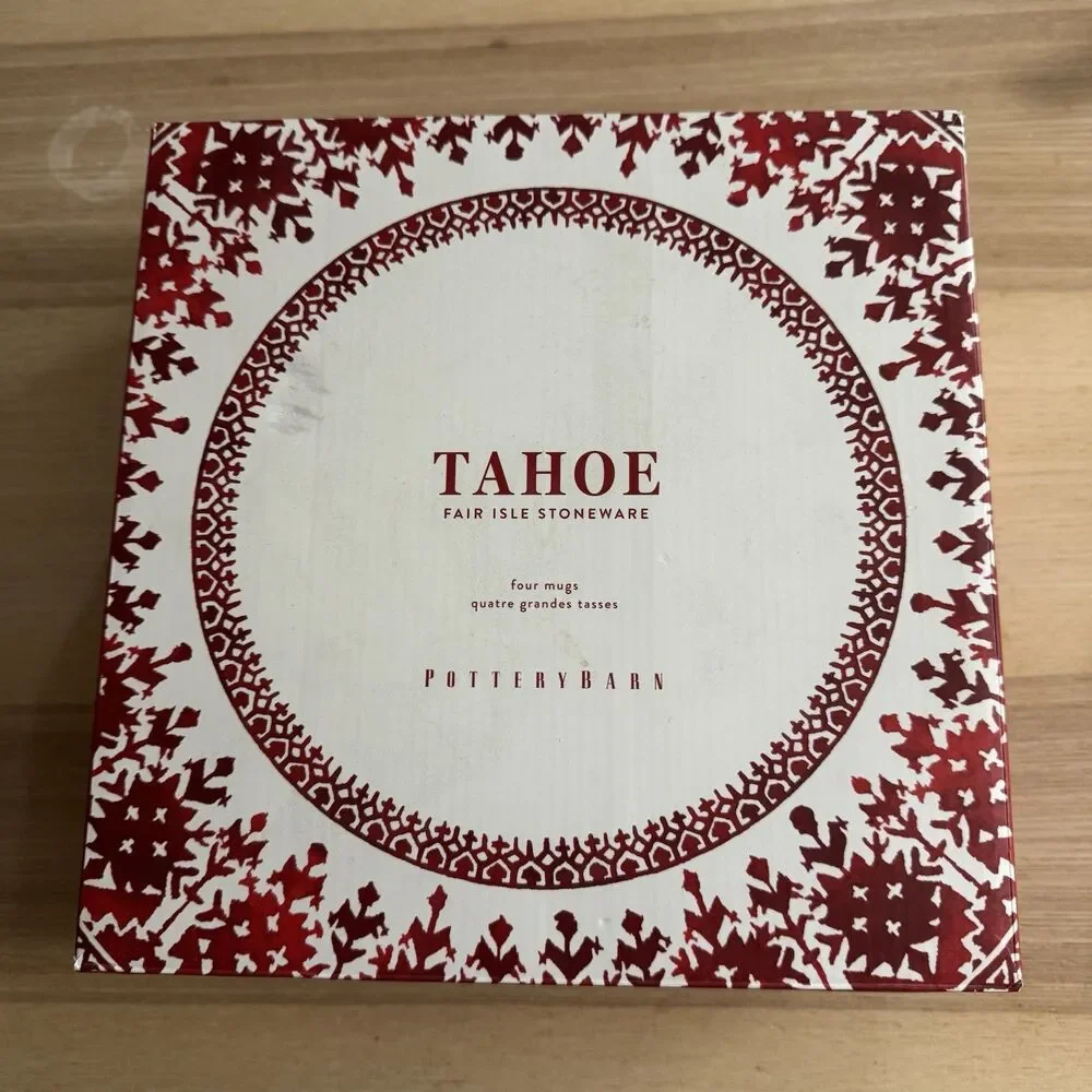 Pottery Barn Tahoe Fair Isle Icon Stoneware Mug Set of 4 Christmas NIB